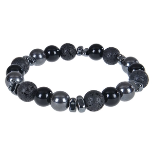 Detail view of 8mm lava rock and green crystal beaded bracelet with metallic spacers