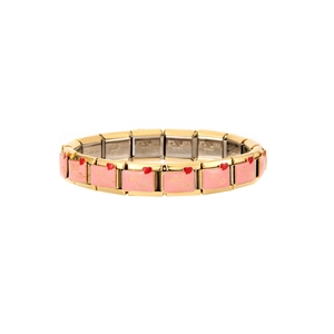 Detail of pink enamel links with heart and Girly Girl text on gold stainless steel bracelet