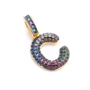 Rainbow cubic zirconia letter C pendant charm in gold plated copper setting