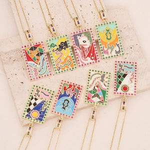 Tarot Card Pendant Necklace Vintage Rectangular Design With Copper 18K Gold Plated Colorful Enamel And Cubic Zirconia