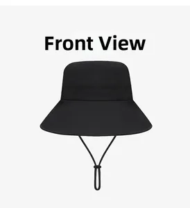 Front view of black quick-dry sun hat with adjustable windproof drawstring detail