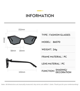 Detailed size chart for polygon sunglasses with frame width and arm length measurements