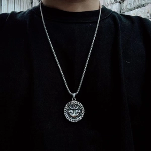 Men's vintage titanium steel necklace with Viking compass and anchor round pendant