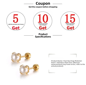 Detail view of pearl earrings with screw back and gold finish on high quality stainless steel