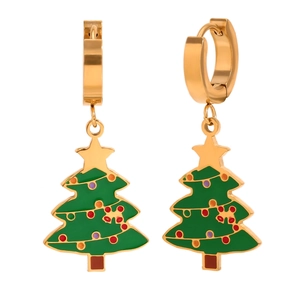 Weihnachtsbaum-Ohrringe aus 18K vergoldetem Stahl mit grüner Emaille und bunten Punkten