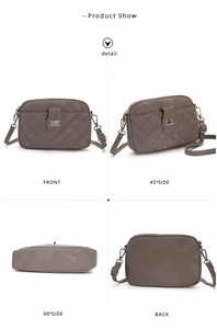 Multiple views of grey quilted crossbody cell phone bag with silver twist lock and strap