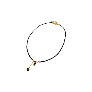 Handcrafted black crystal beaded necklace with golden metal chain and vintage pendants