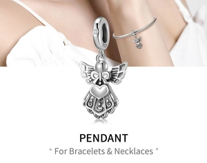 Detailed view of S925 sterling silver angel charm with hallmark for bracelets and necklaces