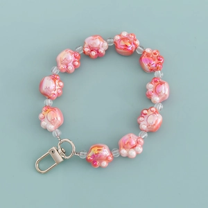 Charming pink resin cat paw beaded keychain and bracelet accessory with lobster clasp