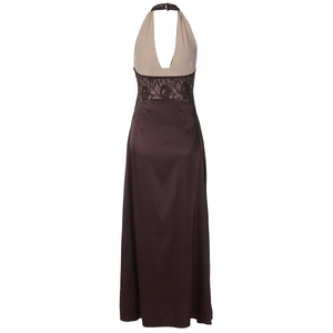 Detail of deep V-neck halter dress with lace patchwork and satin skirt in chocolate brown