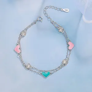 Elegant S925 sterling silver double chain bracelet with heart enamel and zircon charms