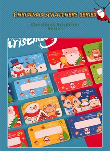 Detailed close-up of colorful Christmas scratch cards featuring Santa and reindeer designs