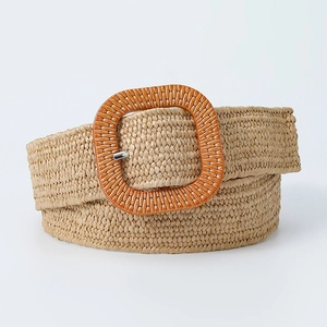 Ceinture tressée beige en paille avec une boucle rectangulaire orange et marron