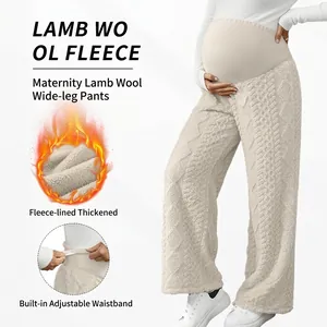 Maternity Pants Cable Knit Wide Leg High Waist Belly Support Warm Thick Fleece Lined Straight Trousers Loungewear Women