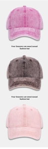 Three washed denim baseball caps in dark pink, grey, and light pink colors