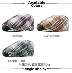 Detailed grid showing colorful cotton plaid flat caps in red, orange, and green patterns
