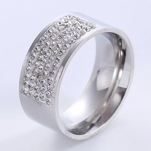 Silver wide stainless steel ring with five rows of white cubic zirconia stones