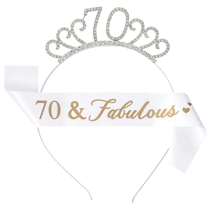 70 & Fabulous birthday set with silver rhinestone crown and white satin sash
