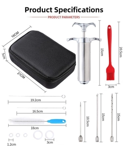 Composants détaillés du kit d'injecteur de viande en inox 304 avec dimensions