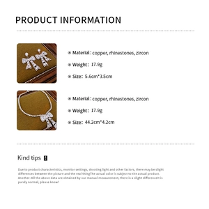Detailed size and material specification chart for rhinestone bow jewelry set