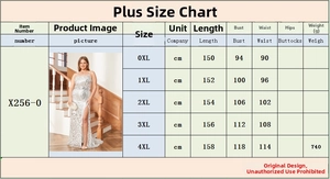 Detailed plus size chart for women sparkling sequin slit dress in sizes 0XL to 4XL