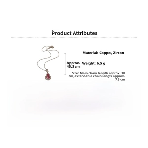 Detail showing dimensions of red zircon gourd pendant necklace with 45.3cm chain length