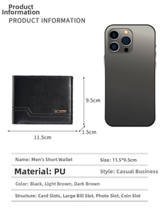Detailed view of black PU leather men's wallet showing 11.5cm by 9.5cm dimensions