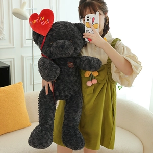 Large black rose-textured teddy bear plush with a red heart balloon for romantic gifts