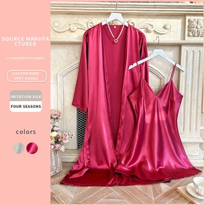 Robe De Chambre En Satin Pour Femmes Avec Ceinture Et Chemise De Nuit À Col En V Imitation Satin Élégante