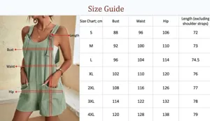 Guía de tallas para mono corto de verano para mujer con medidas de la S a la 4XL