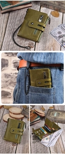 Detailed views of olive green leather chain wallet in a vintage setting with wood and leaves