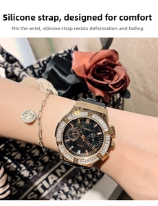 Close-up of rose gold quartz watch with black dial, crystal bezel and silicone strap