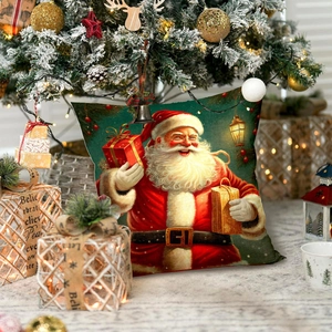 Weihnachtskissenbezug mit Weihnachtsmann-Motiv unter einem geschmückten Baum