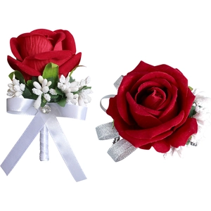 Elegant red velvet rose boutonniere set with white ribbon and leaf accents for weddings