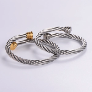 Adjustable geometric twisted steel wire cable cuff bracelets in silver and gold-tone finish
