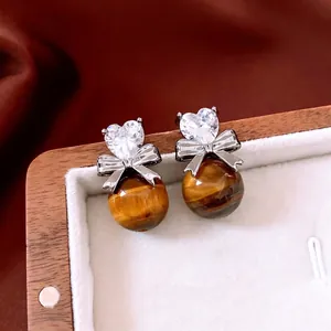 Heart Zircon Bowknot Tiger Eye Bead Earrings With Silver Earring Post Retro Vintage Jewelry Accessories For Women