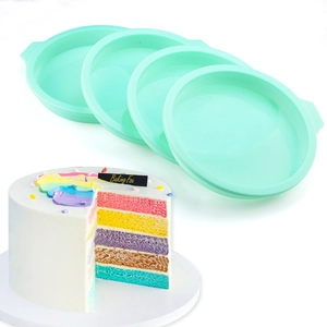 Four-piece mint green silicone cake mold set for layered rainbow cakes with side handles