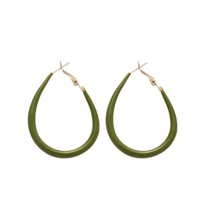 Minimalist green teardrop resin hoop earrings with gold metal finish on white background