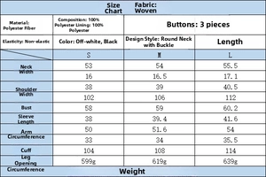 Detailed size chart for the fleece jacket featuring S, M, L dimensions and fabric info