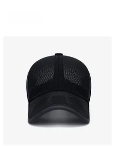 Front view of black mesh baseball cap showing breathable honeycomb texture and curved brim
