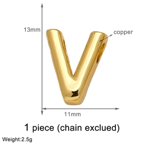 Detail view of 18K gold plated copper letter V pendant with dimensions 13x11mm