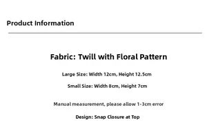 Size guide for floral fabric pouches showing large 12cm and small 8cm dimensions