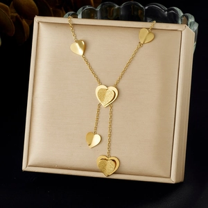 Minimalist Heart Pendant Necklace Gold Plated Stainless Steel Y-Shaped Tassel Chain Frosted Hearts Jewelry For Women