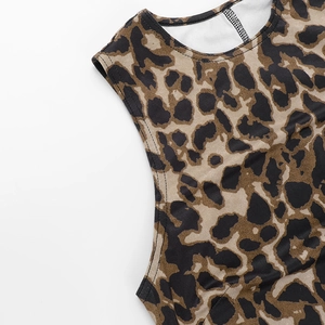 Detail shot of leopard print tank dress featuring a round neck and fine knit texture