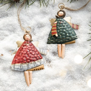 Hand-painted iron Christmas angel ornaments in red and dark green with golden wings