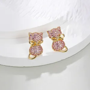 Cute S925 silver cat earrings with pink pavé zircon crystals and golden bow detail