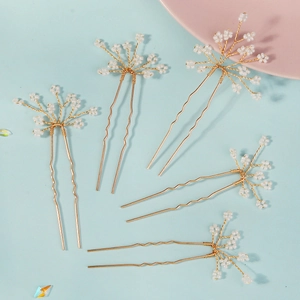 Lot de 5 épingles à cheveux de mariée avec perles faites main et fil doré