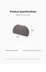 Detail view of shell-shaped evening clutch bag with pearl trim and size dimensions