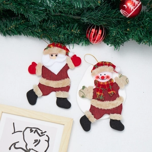 Christmas tree hanging ornaments featuring Santa Claus and snowman in red burlap and faux fur