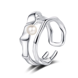 Irregular Wave Line Open Adjustable Ring Copper With Faux Artificial Pearl Inlay Vintage Fashion Jewelry For Women Elegant Accessory